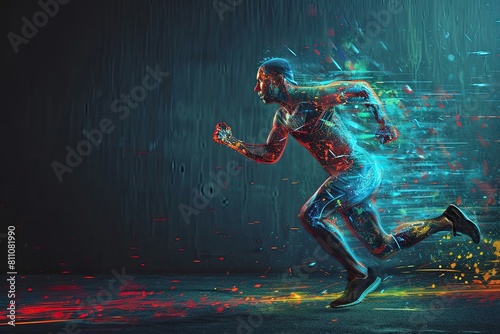 Hologram  athlete and running for wellness  exercise for healthy lifestyle and track heart rate.