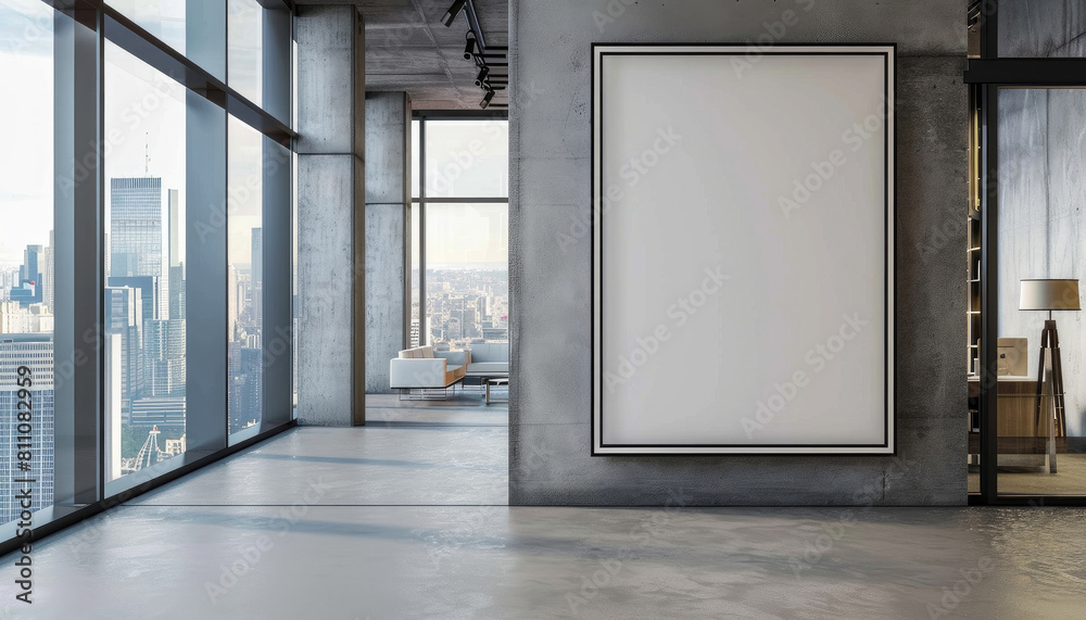 A large white wall with a black frame and a city view in the background by AI generated image