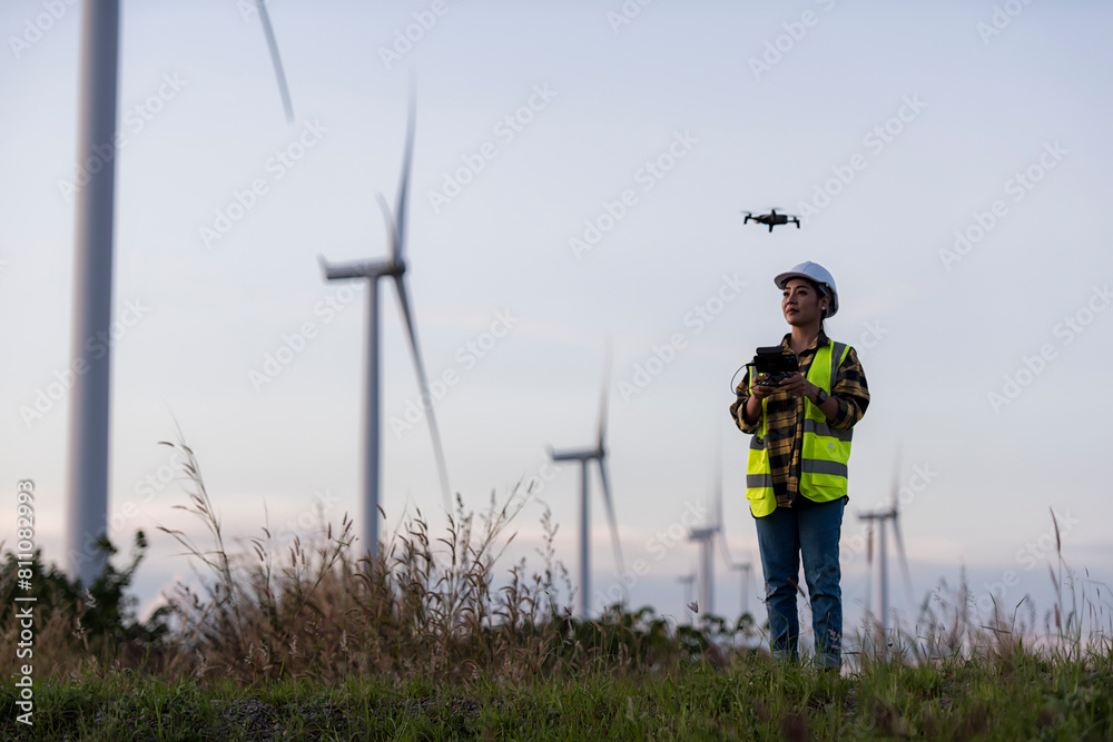custom made wallpaper toronto digitalWoman engineers with drawing against turbines on wind turbine farm.