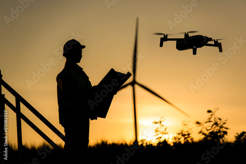silhouette of a person with drone against the sky. silhouette of a person in a field. silhouette of a person in the sunset. silhouette of a person.