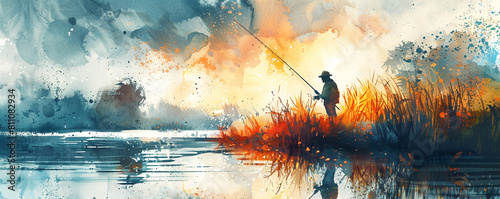 Fishing View in style of Watercolor, Natural Scene, Forest and Lake, Mountain and Rock Fishing, Wallpaper, Scrapbooking, Background, Wall art, Paper prints photo