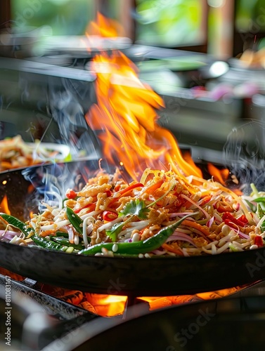 A flaming pan sizzles with a vibrant and spicy larb salad, bursting with authentic Thai flavors and bold spices. A true culinary delight.
