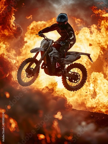 A motocross biker soars through the air, performing a daring jump over a wall of flames. The image captures the thrill and intensity of the sport, with a generous copy space for easy into designs. © Mickey