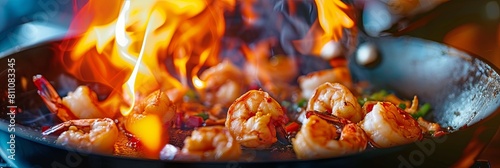 A sizzling hot pan filled with succulent shrimp, perfectly saut?ed in a medley of spices, creates an enticing dining experience. The dish is elevated by the dramatic flambe technique, enhancing its photo