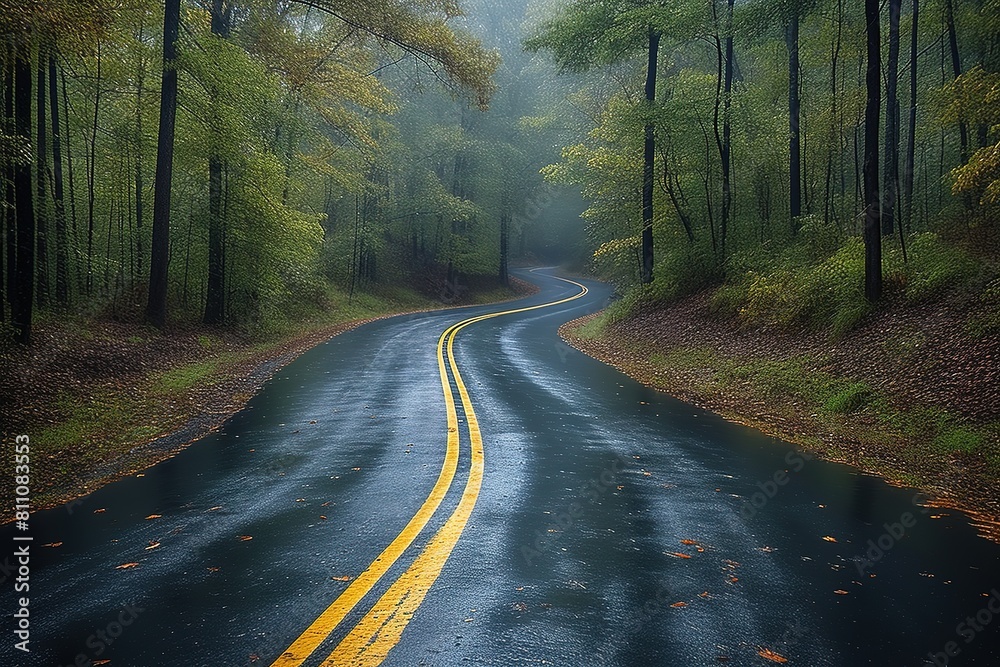Fototapeta premium road forest nature tree landscape travel autumn highway asphalt season green fog drive foliage outdoors way
