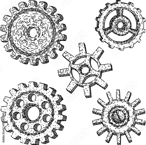 gears steampunk set hand drawn. steam punk, clock metal, isolated cog gears steampunk vector sketch. isolated black illustration