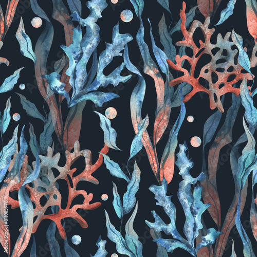 Underwater world clipart with sea animals, bubbles, coral and algae. Hand drawn watercolor illustration. Seamless pattern on a dark blue background © NATASHA-CHU