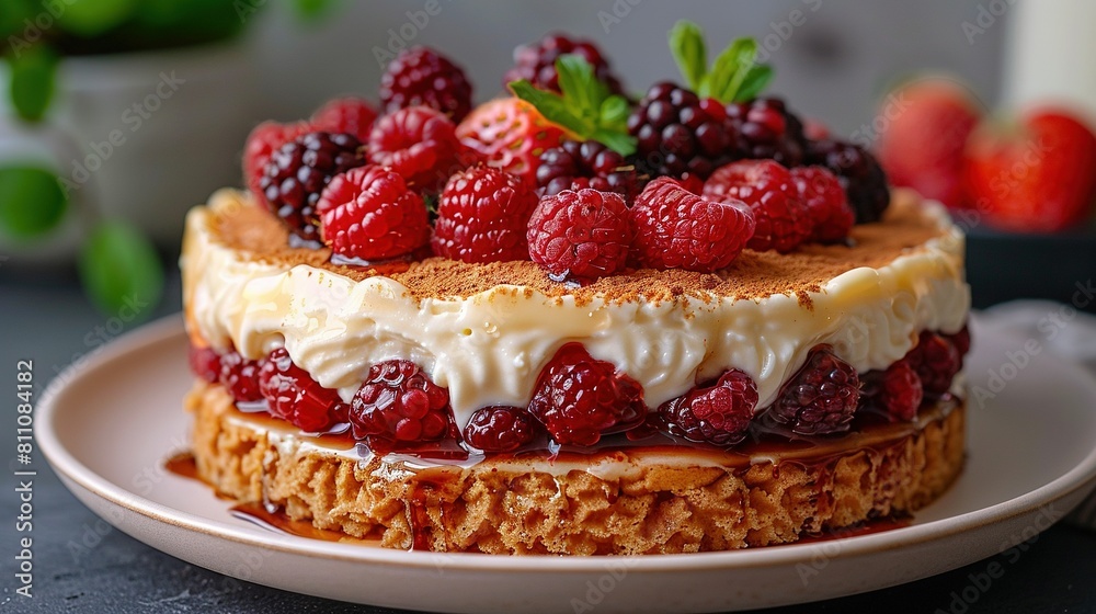 A plate with a close-up cake shot featuring raspberries and other garnishes A plate with a close-up cake shot featuring raspberries and other garnishes