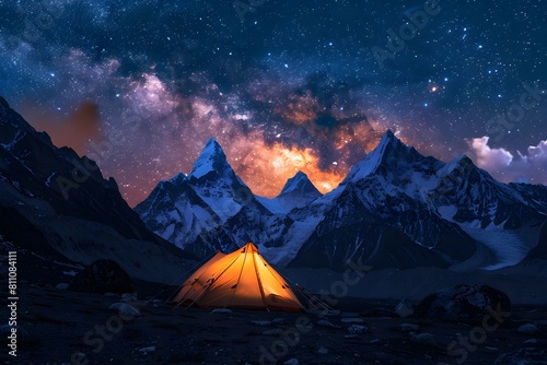 A glowing tent in the middle of a landscape under starry sky, with snowcapped mountains in background © dip