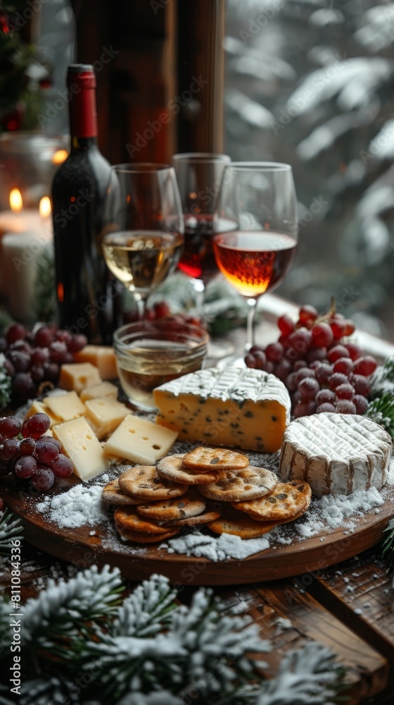 Top view: Winter wine and cheese party. Overlook for a cozy winter gathering with friends in the snow enjoying a wine and cheese platter. Winter party concept，Cozy Winter Wine and Cheese Gathering 4k