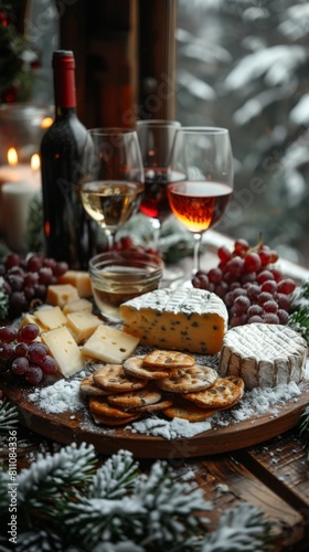 Top view  Winter wine and cheese party. Overlook for a cozy winter gathering with friends in the snow enjoying a wine and cheese platter. Winter party concept   Cozy Winter Wine and Cheese Gathering 4k