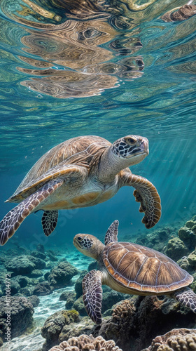 Two sea turtles glide through sunlit waters, showcasing the serene beauty of ocean life. Perfect for conveying the serene allure of underwater ecosystems. eco-tourism, summer holiday concept
