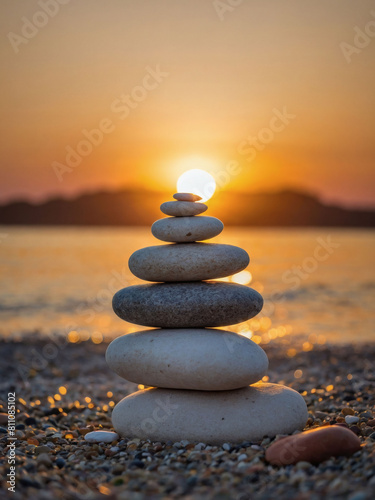 Sunset s embrace  a stack of Zen stones stands tall on the beach  amidst the tranquil golden hour.