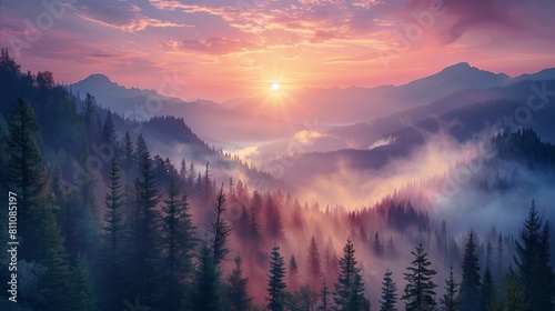 Majestic sunrise over misty mountains with a vivid sky and dense forest. Mountains, clouds and mist halfway up the mountain, forest on the left, sunrise  photo