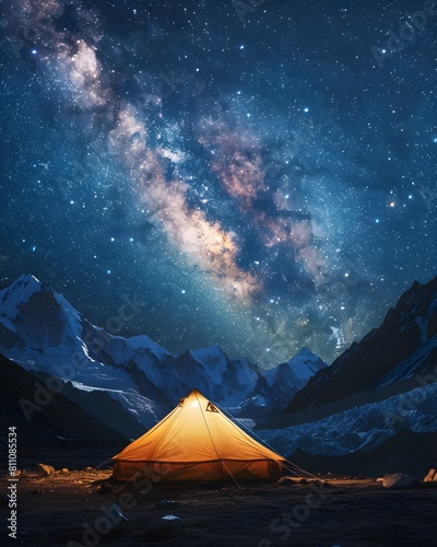 A glowing tent in the middle of a landscape under starry sky  with snowcapped mountains in background