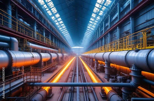 Industry pipeline transport petrochemical, gas and oil processing, furnace factory line, rack of heat chemical manufacturing photo