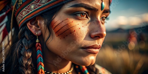 woman, a slight smile, side view looking away from the camera, close-up detail, embodying the resonance and depth of indigenous culture, in the style of photorealism, I can't believe how beautiful thi photo