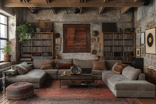 Loft living room interior with retro audio equipment  sofa and rusty style vintage bookshelves  generative ai