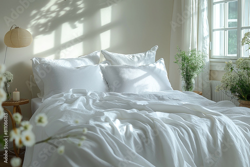 White bedding with white linen in a modern bedroom, minimalist luxury bedroom decor, 3d render, generative ai