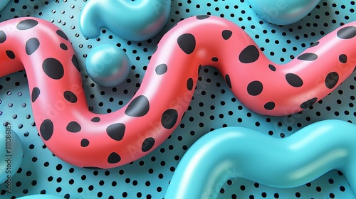   A pink and blue snake lays atop a black and white polka-dot background, alongside blue balls photo