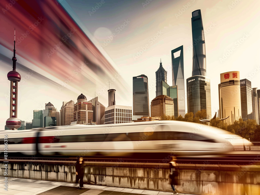 Naklejka premium A lone figure stands on a platform in a modern Chinese cityscape, captivated by the trail of light left by a high-speed train disappearing into the sunset. A minimalist scene with pops of red.
