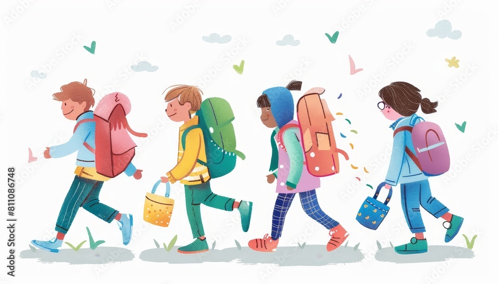 A group of children are walking down a path with backpacks by AI generated image