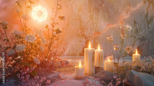 Immerse yourself in the mystical ambiance of a mesmerizing setting adorned with burning candles a radiant sun amulet shimmering crystal gemstones and delicate flowers set against a backdrop photo