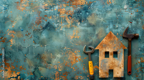 Figure of house and construction tools on grunge background © Fauzia