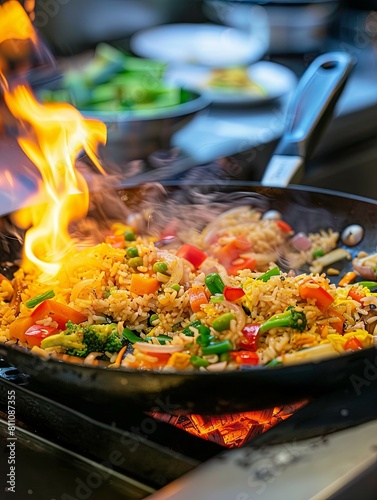 Flaming Pan of Sizzling Vegetable Fried Rice A Gourmet Dish