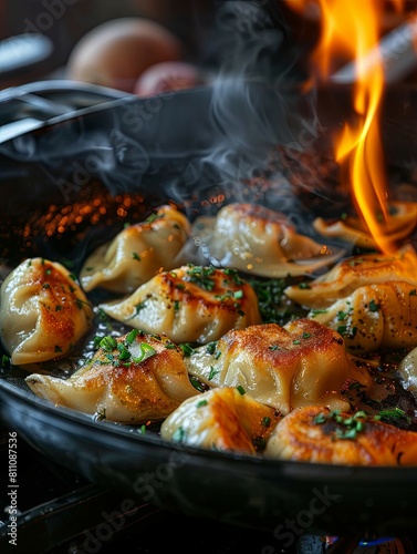 Flaming Pan Sizzles with GoldenBrown Dumplings a Culinary Delight