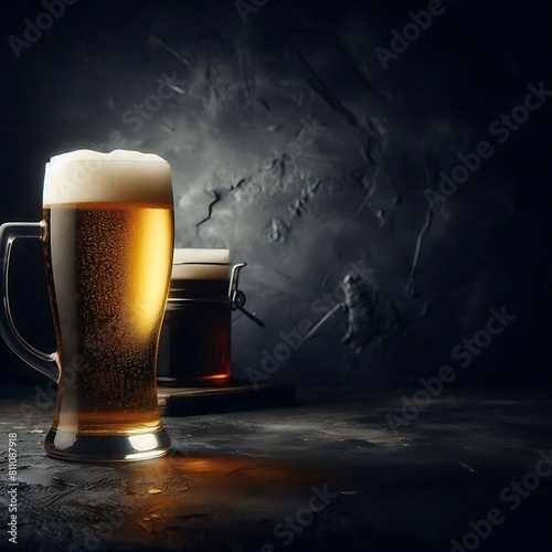 A glass mug of beer in a dark texture background AI Generative with blank space for text
