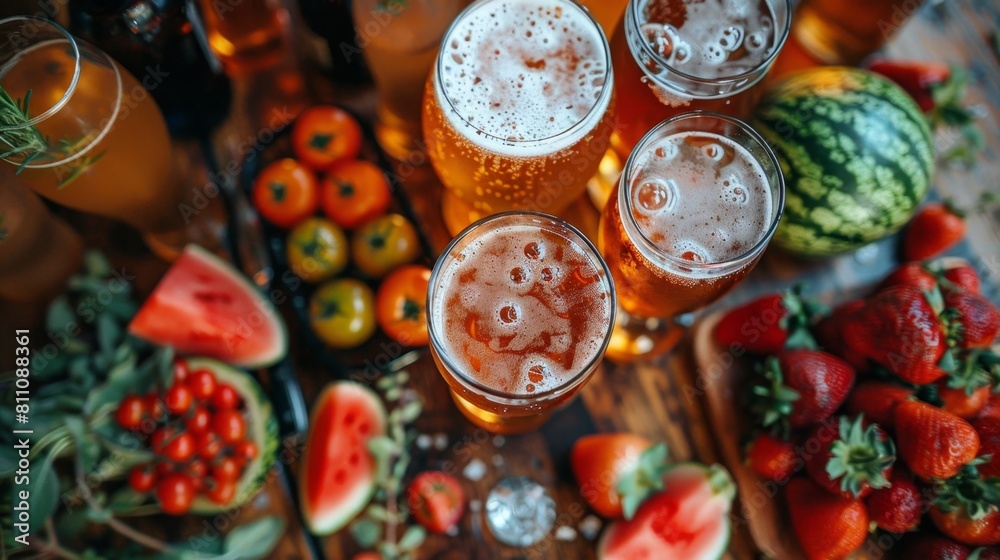 Top view: summer beer and watermelon, barbecue, party. Overlooking cozy happy summer gathering with friends enjoying beer and fruit platter in the bar. Summer party concept,Summer Beer and Watermelon
