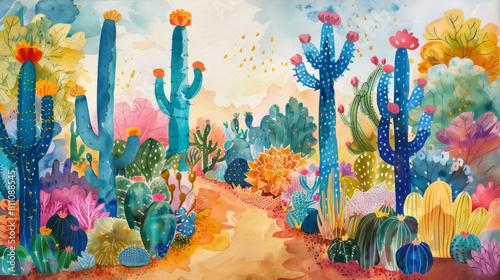 A colorful desert landscape with cacti and flowers. photo