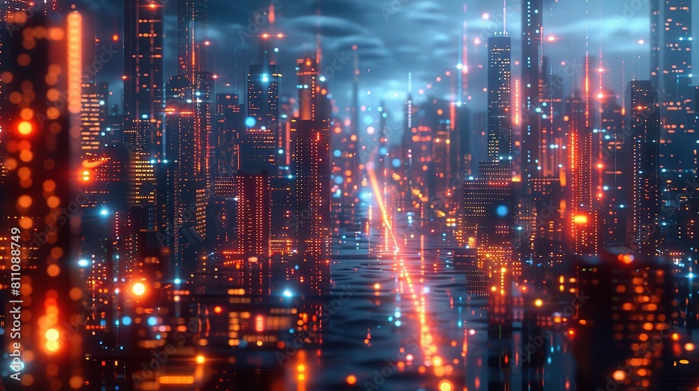 Digital network connections and futuristic cityscape blending seamlessly to depict the integration of technology Digital network connections and futuristic cityscape blending seamlessly to depict the integration of technology