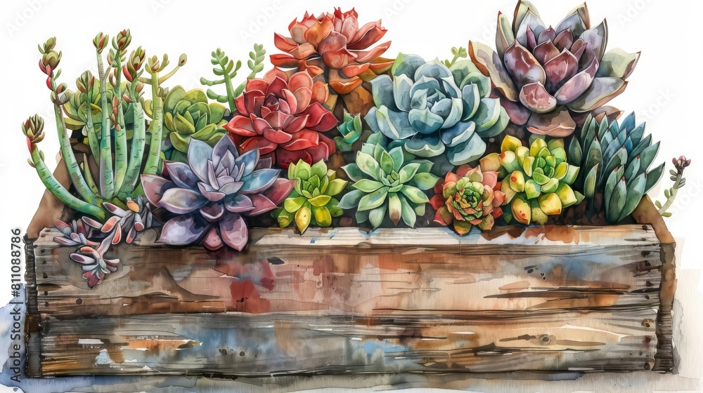 Fototapeta premium Succulent plants in a wooden box. Echeveria, Sempervivum, Aloe, and other succulent plants in a rustic wooden box. Perfect for home or office.