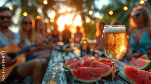 Top view  summer beer and watermelon  barbecue  party. Overlooking cozy happy summer gathering with friends enjoying beer and fruit platter in the bar. Summer party concept Summer Beer and Watermelon 