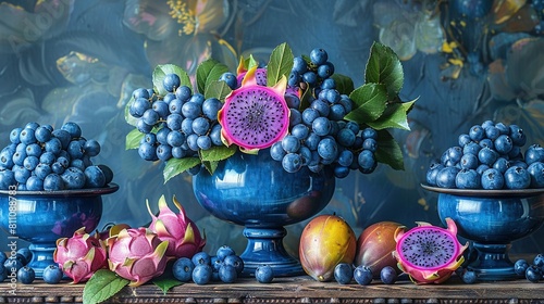  A painting of various fruits in a blue vase on a table surrounded by additional fruits