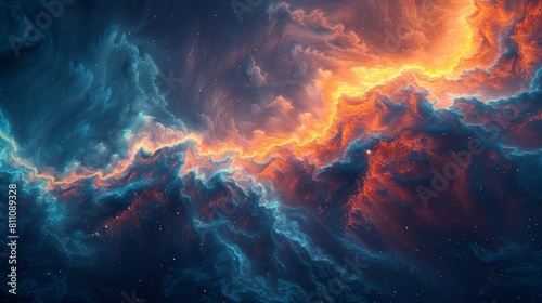 The image is a depiction of a nebula, a vast interstellar cloud of dust, hydrogen, helium and other ionized gases. photo