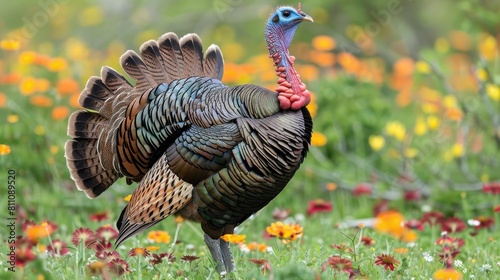 In April in Lake Corpus Christi Texas USA a magnificent male Wild Turkey Meleagris gallopavo proudly showed off its vibrant display photo