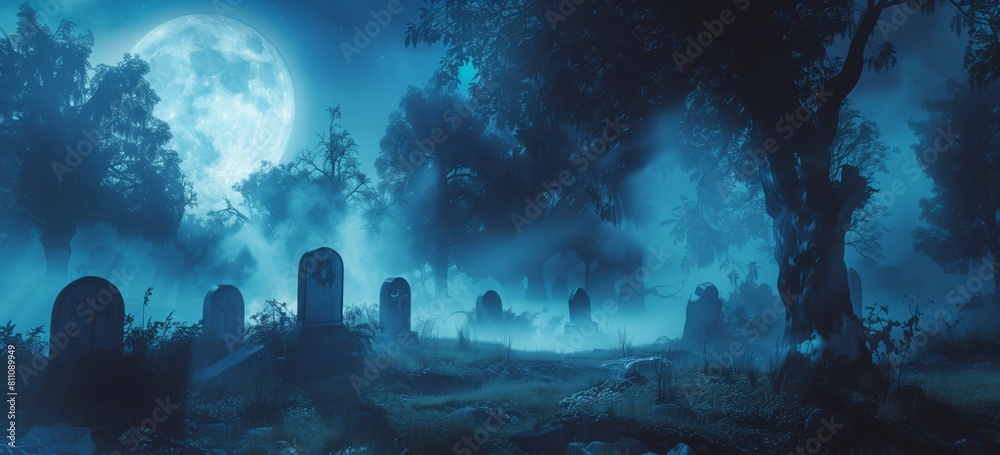 A spooky graveyard with tombstones, fog and full moon in the background. Halloween concept A spooky graveyard with tombstones, fog and full moon in the background. Halloween concept