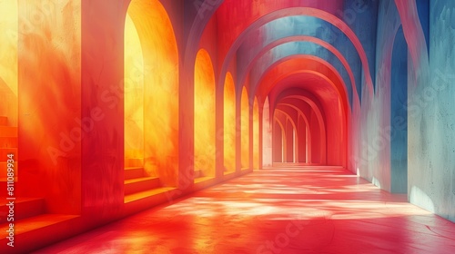 The image is a long  brightly lit hallway with red and yellow walls and a pink floor.