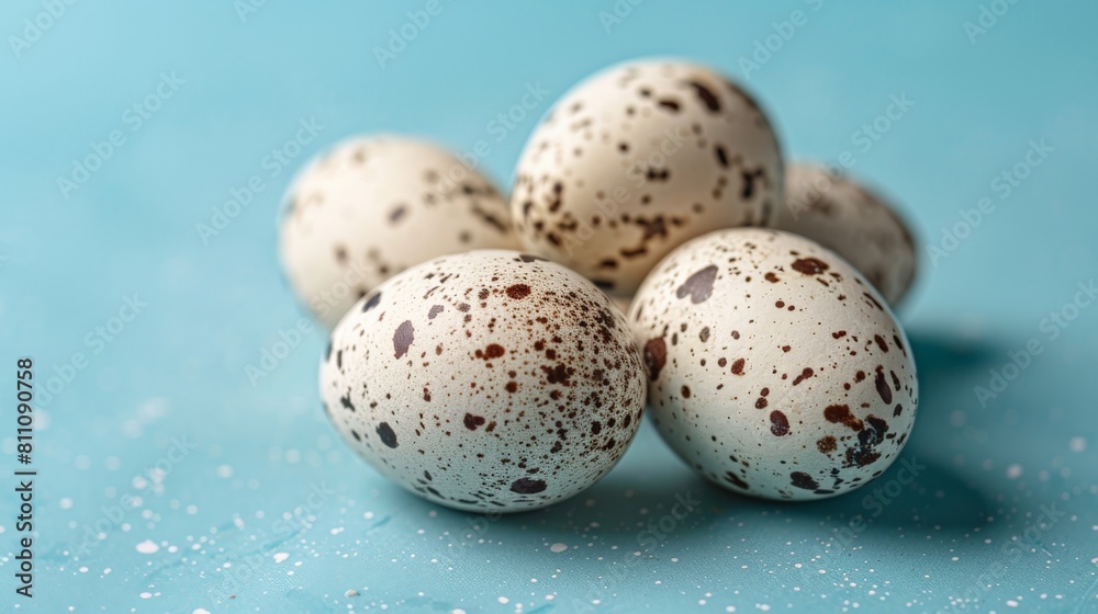 A pile of quail eggs on a blue background.
