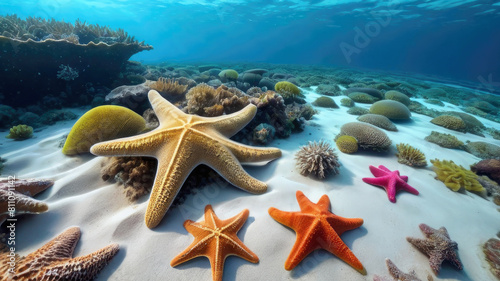 Serene underwater scene with diverse starfish and corals, bathed in natural light, perfect for marine-themed projects. underwater ecosystems, eco-tourism, summer holiday concept