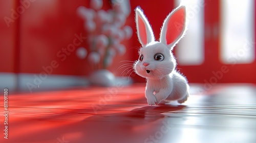 Adorable bunny 3d character full of infectious joy on red background