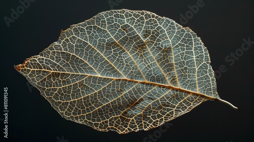 The image is a photograph of a leaf skeleton
