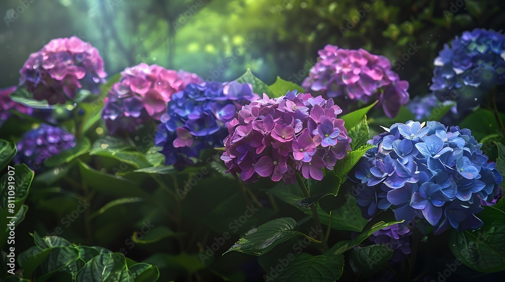 Vibrant Hydrangea Flowers in Lush Garden at Dawn, Dew-kissed Petals Shimmer, Nature's Serenity Captured. AI Vibrant Hydrangea Flowers in Lush Garden at Dawn, Dew-kissed Petals Shimmer, Nature's Serenity Captured. AI