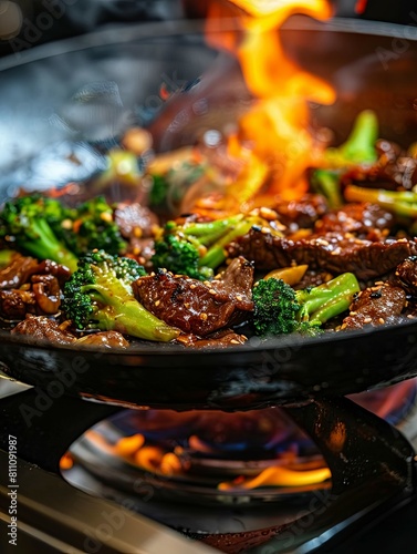 Sizzling Beef and Broccoli in GingerGarlic Sauce Cooked to Perfection in a Flaming Pan photo