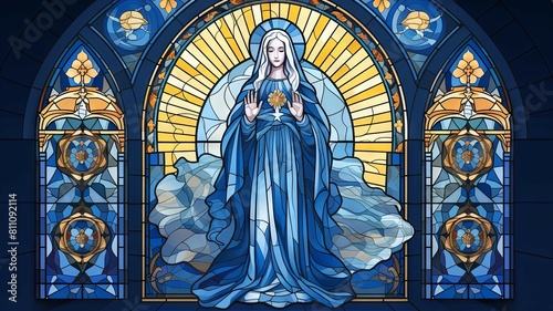 Stained Glass Intricate Depiction of the Virgin Mary in a Gothic Church Interior photo