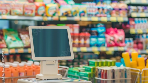 Modern Retail Checkout Station with Computer Monitor. Blank Screen for Mockup in Supermarket. Point of Sale Terminal in Store. AI