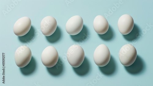 Ten white eggs arranged in two horizontal rows on a blue background. photo